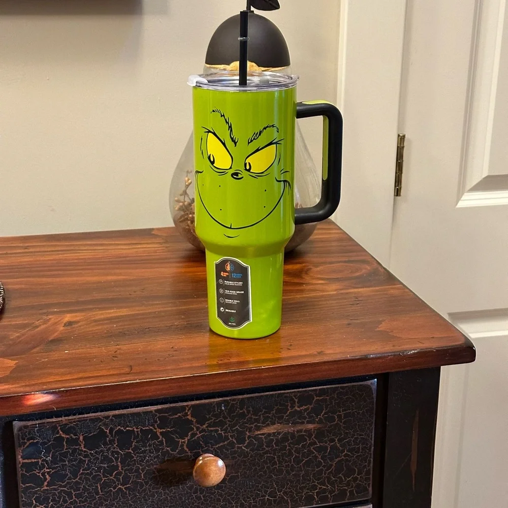 Grinch Grinning Face 40 Oz Green Stainless Steel Tumbler With Handle